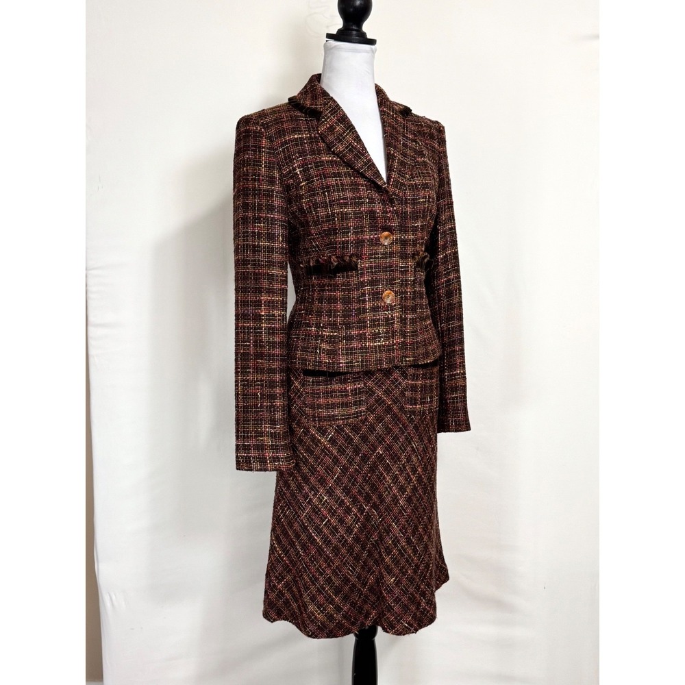 VTG Y2K Express Tweed Skirt Suit Set Size 8 6 Velvet Fringe Trim Preppy Sorority - Picture 5 of 16